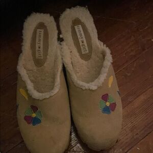 Tommy Hilfiger Tan Mules with Colorful Embroidery